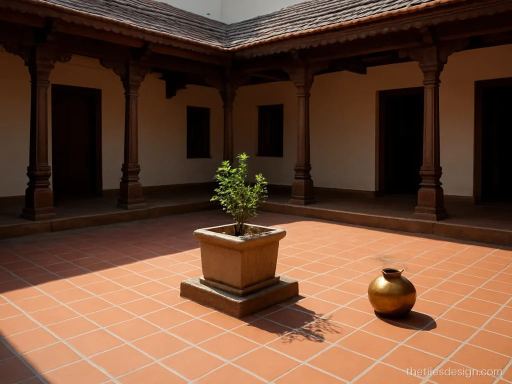 Courtyard tiles in terracotta for a traditional aangan with a tulsi stand
