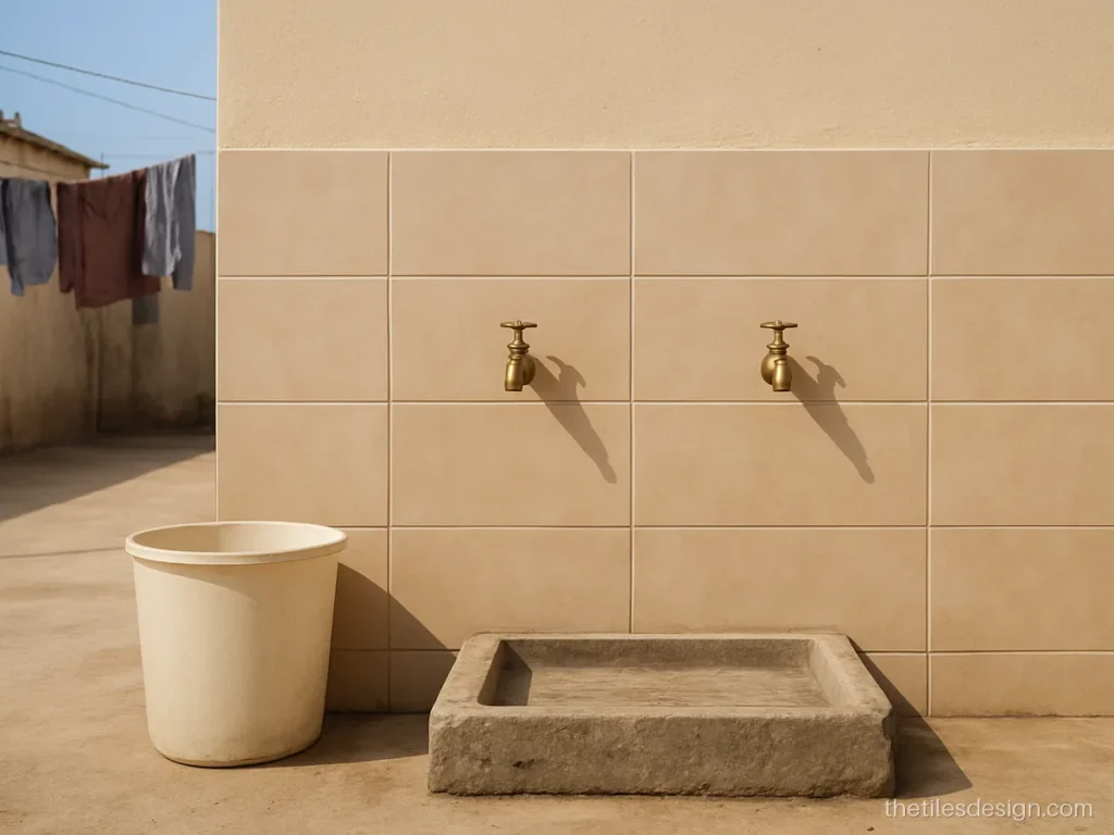 Outdoor wall tiles design in beige matt on a back utility wall with taps