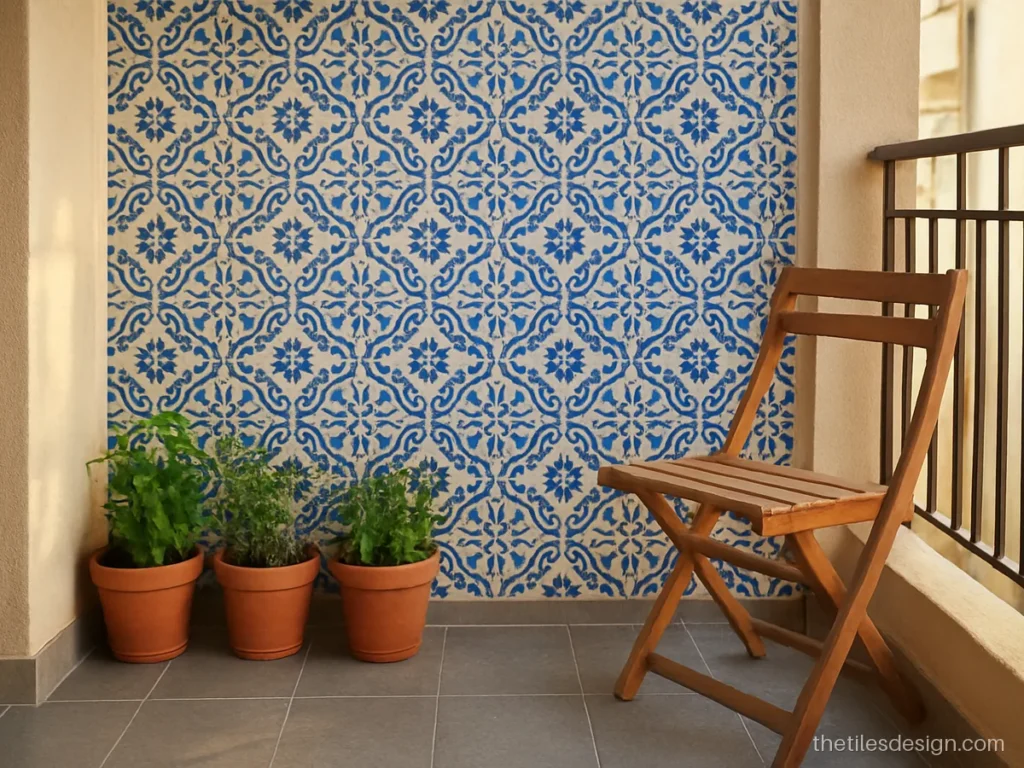 Balcony wall tiles in blue Moroccan pattern with potted plants