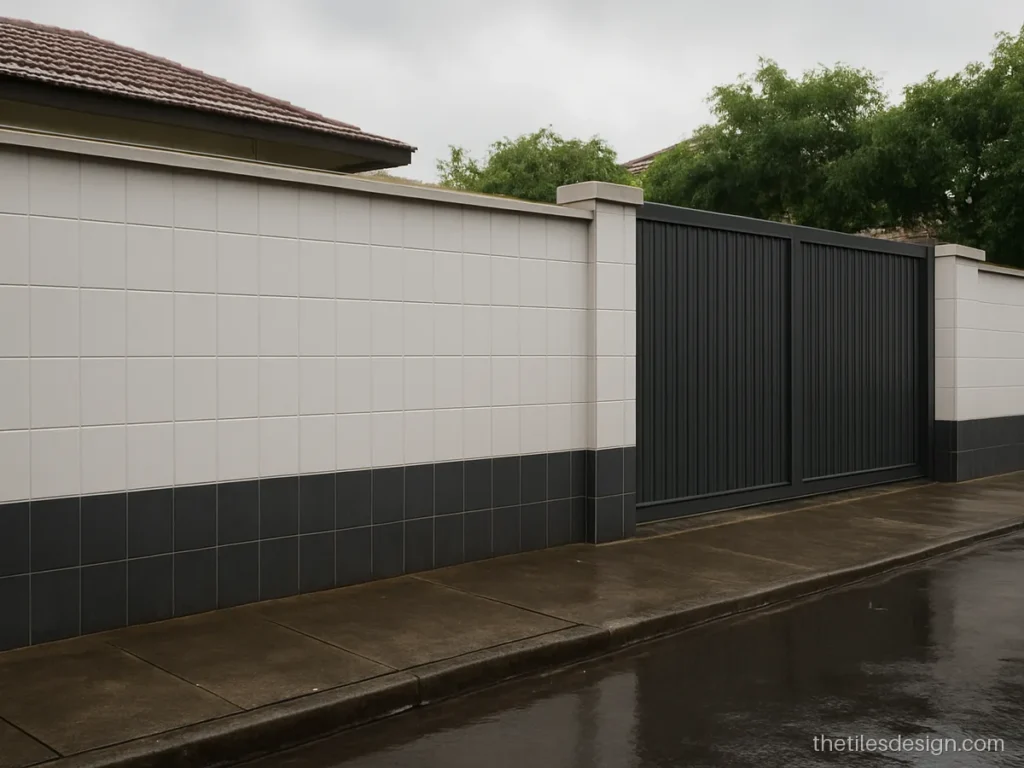 Boundary wall tiles in a black base band with white tiles above