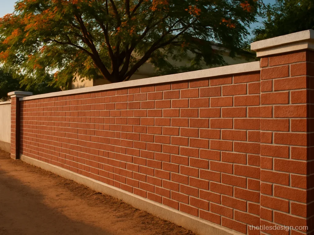 Boundary wall tiles design in red brick look with a plaster coping