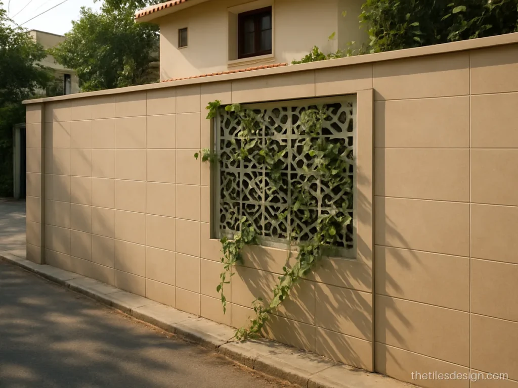 Compound tiles with a concrete jaali panel inset on a beige wall