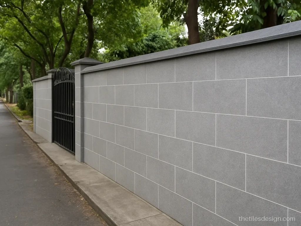 Compound wall tiles design in grey granite look with a sloped coping