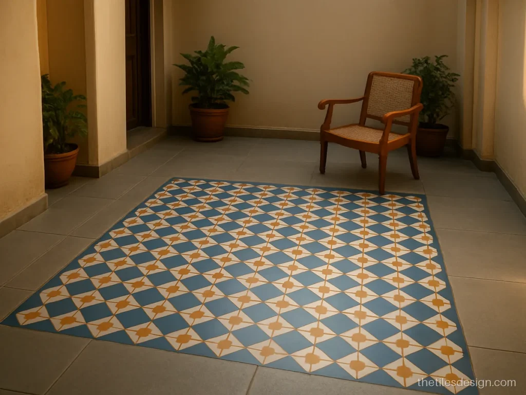 Courtyard tiles design with a patterned centre and plain grey border