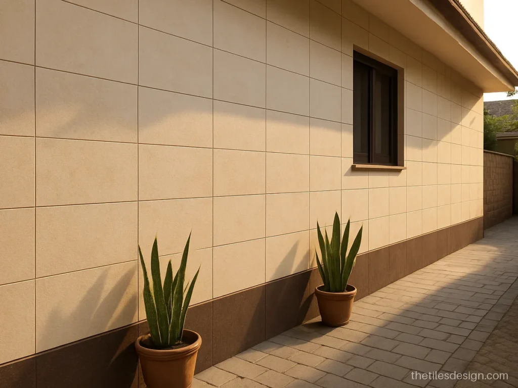 Exterior wall tiles design in cream sandstone look along a side passage