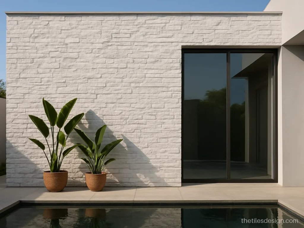 Exterior stone cladding in white ledgestone on a modern villa wall