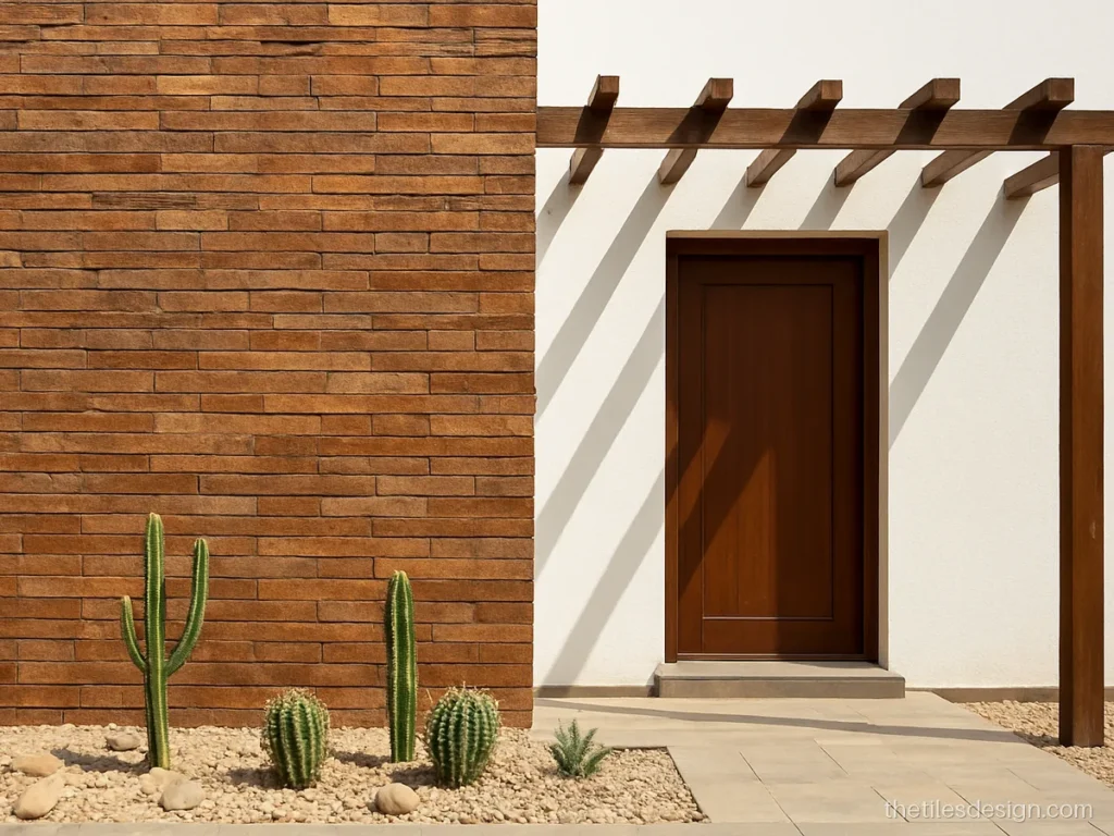 Exterior wall cladding tiles in rust and brown quartzite strips