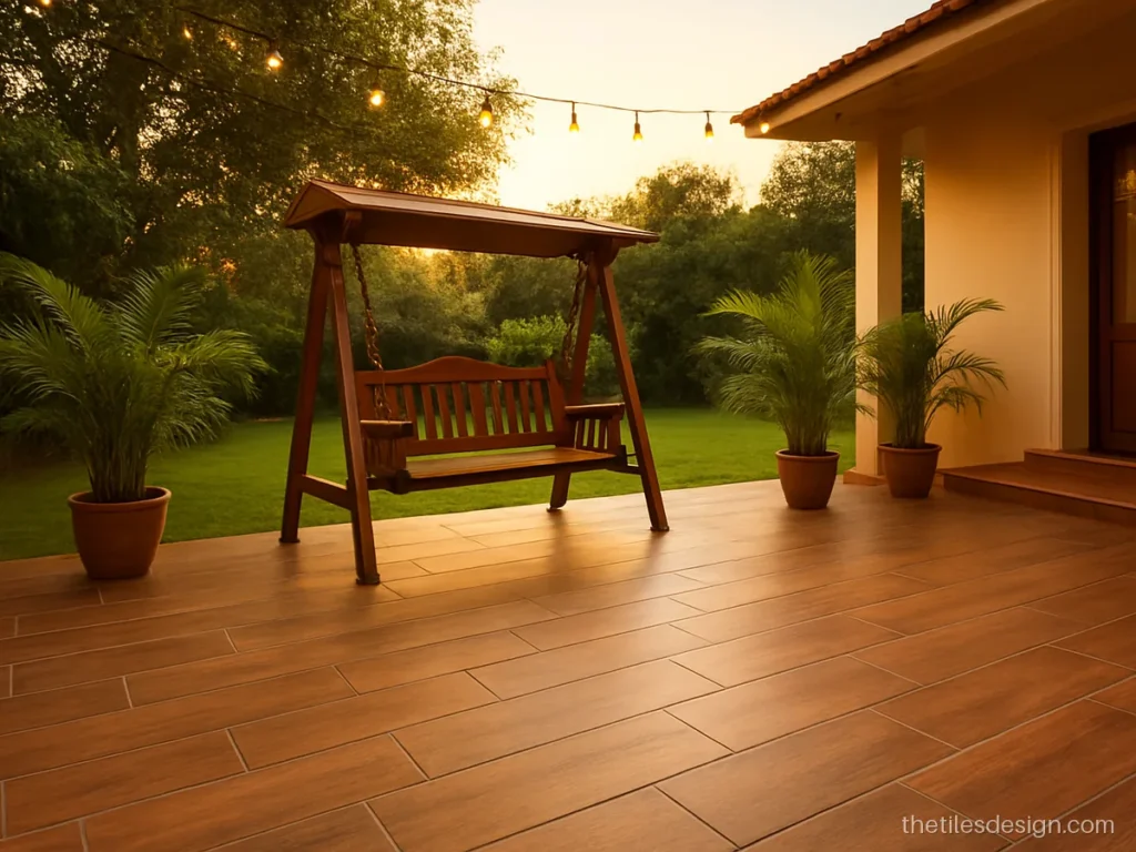 Garden floor tiles in wood look outdoor porcelain as a sit out deck