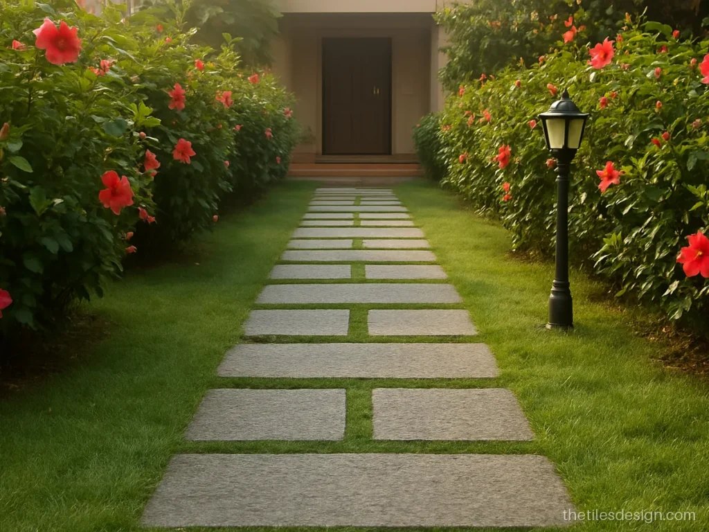 Garden tiles design with grey stone stepping tiles set in grass