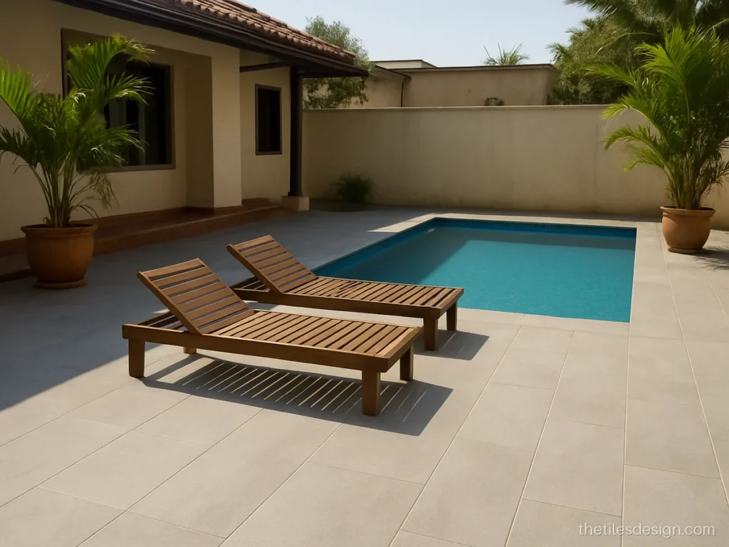Non slip outdoor floor tiles around a small pool in light grey stone look