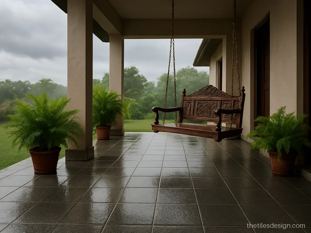 Non slip outdoor tiles in grey anti-skid finish on a covered porch