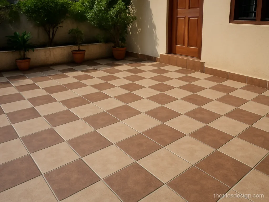 Outdoor floor tiles design in beige and brown checker pattern around a house