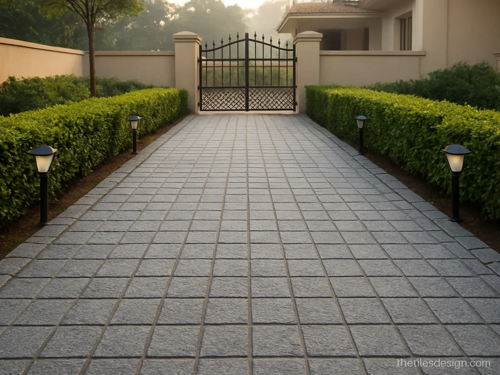Outdoor tiles in cobble look grey stone on an entrance path