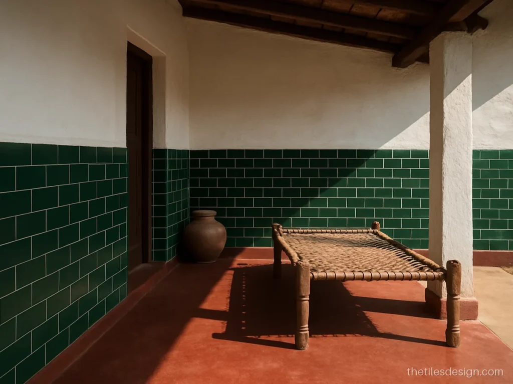 Outdoor tiles design with green glossy dado on a village verandah wall