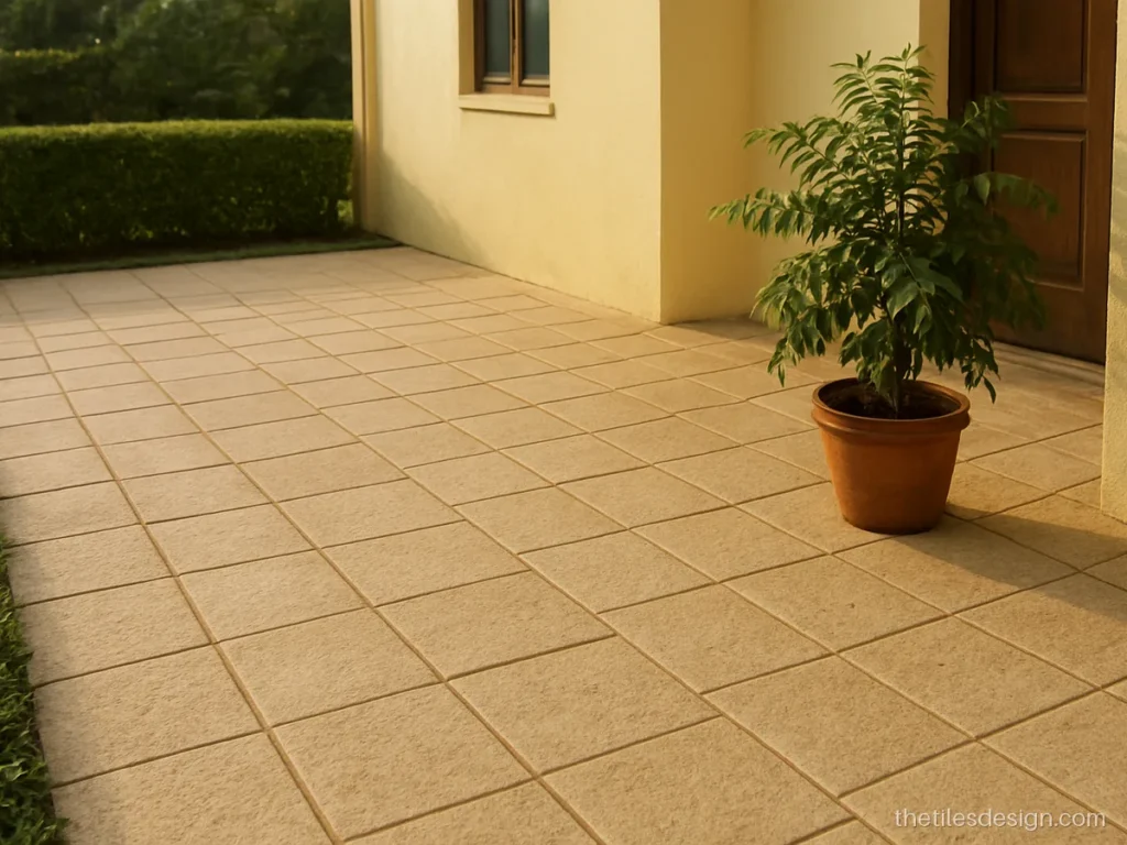 Beige rustic 400 x 400 mm outdoor parking tiles with a rough stone texture