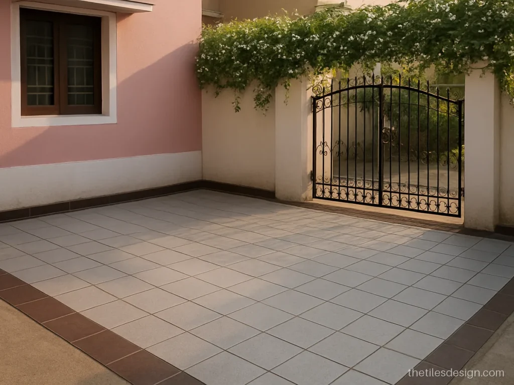 Parking floor tiles with a dark border frame around light grey centre tiles