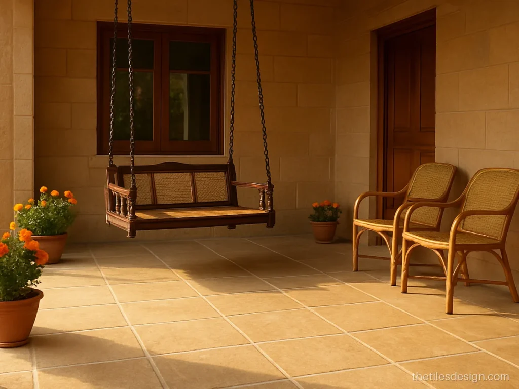 Dholpuri tiles for porch flooring in beige sandstone with a natural cleft surface