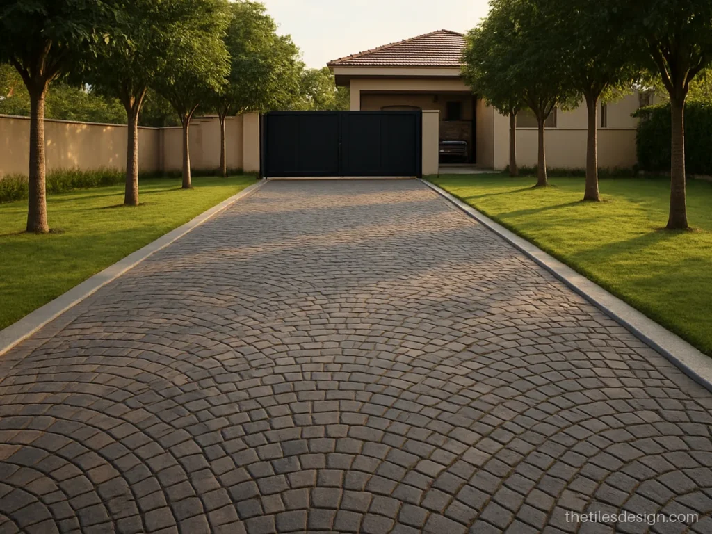 Driveway tiles in a cobble stone look from the gate to the home parking area
