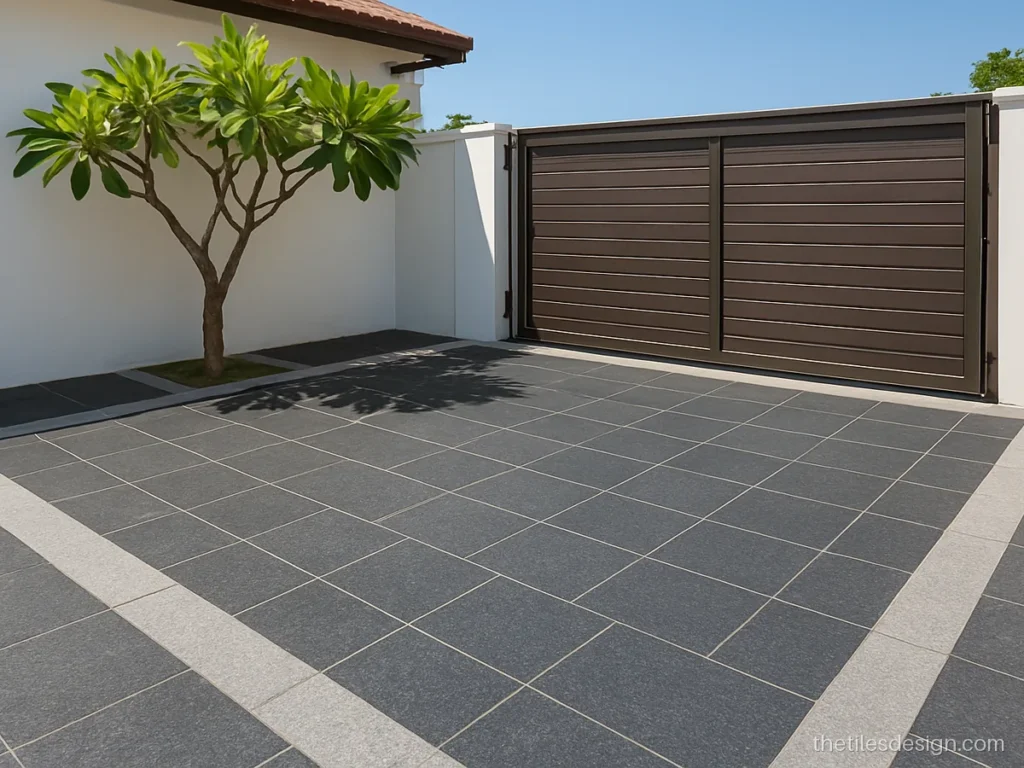 Granite parking flooring designs with flamed black granite and a grey granite border