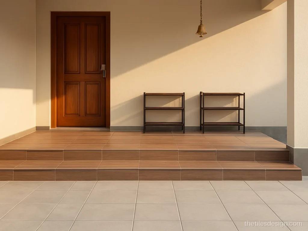 Front porch tiles with wood look anti-skid steps above a grey parking floor
