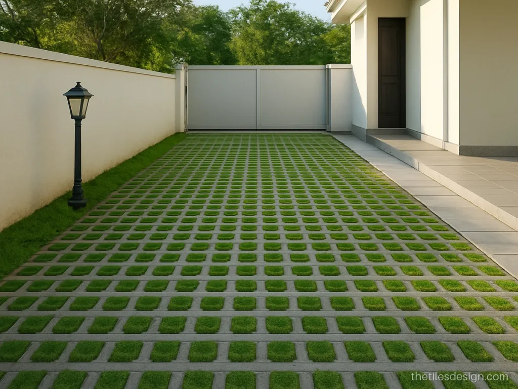 Concrete grass paver tiles with green lawn in a house parking area