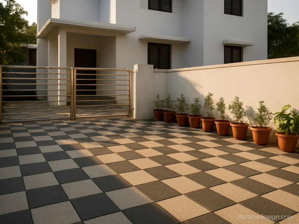 Heavy duty parking tiles in a grey and off-white checker pattern with anti-skid finish
