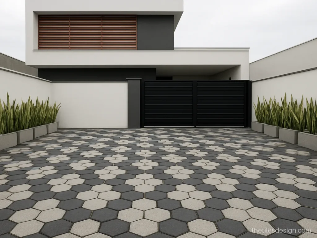 Latest parking tiles design with grey and black hexagon heavy duty tiles