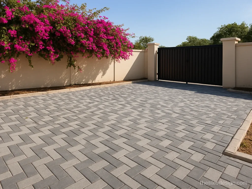 Interlocking parking tiles in grey zigzag concrete pavers for a car parking area