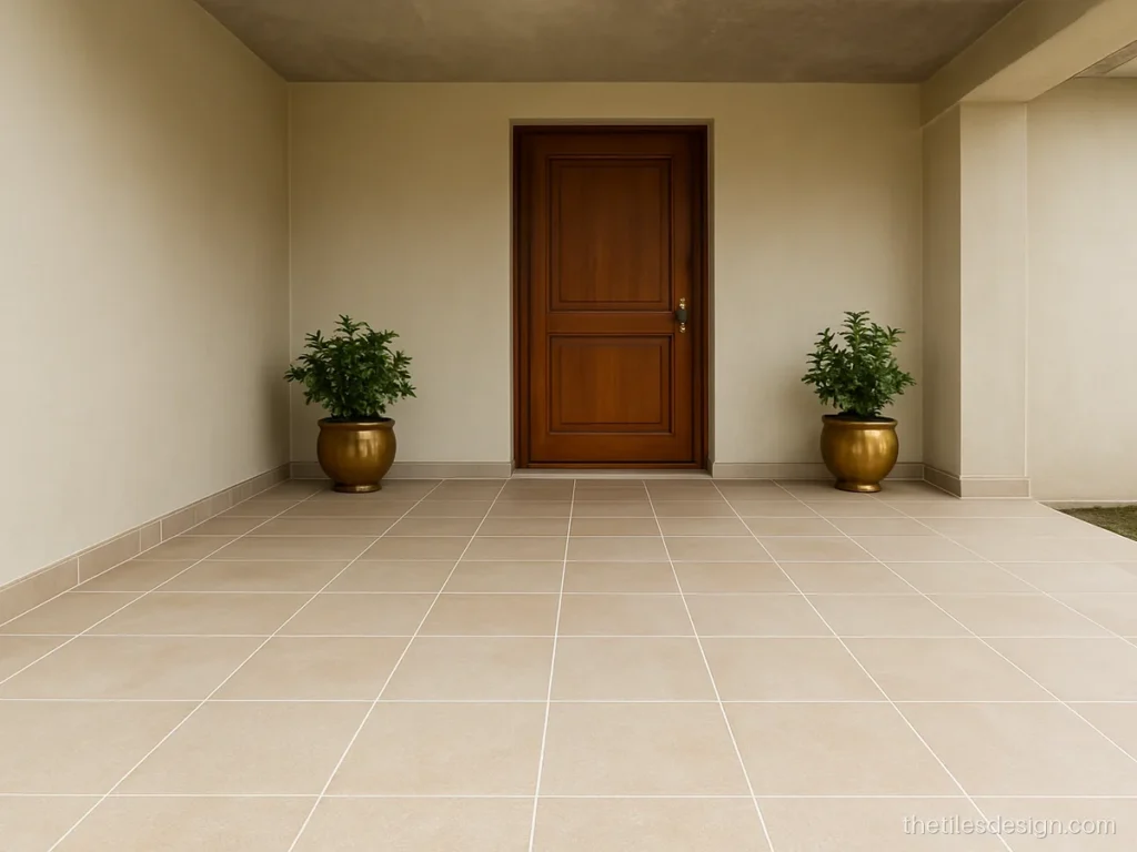 Car porch tiles design with ivory stone look floor tiles under a covered slab