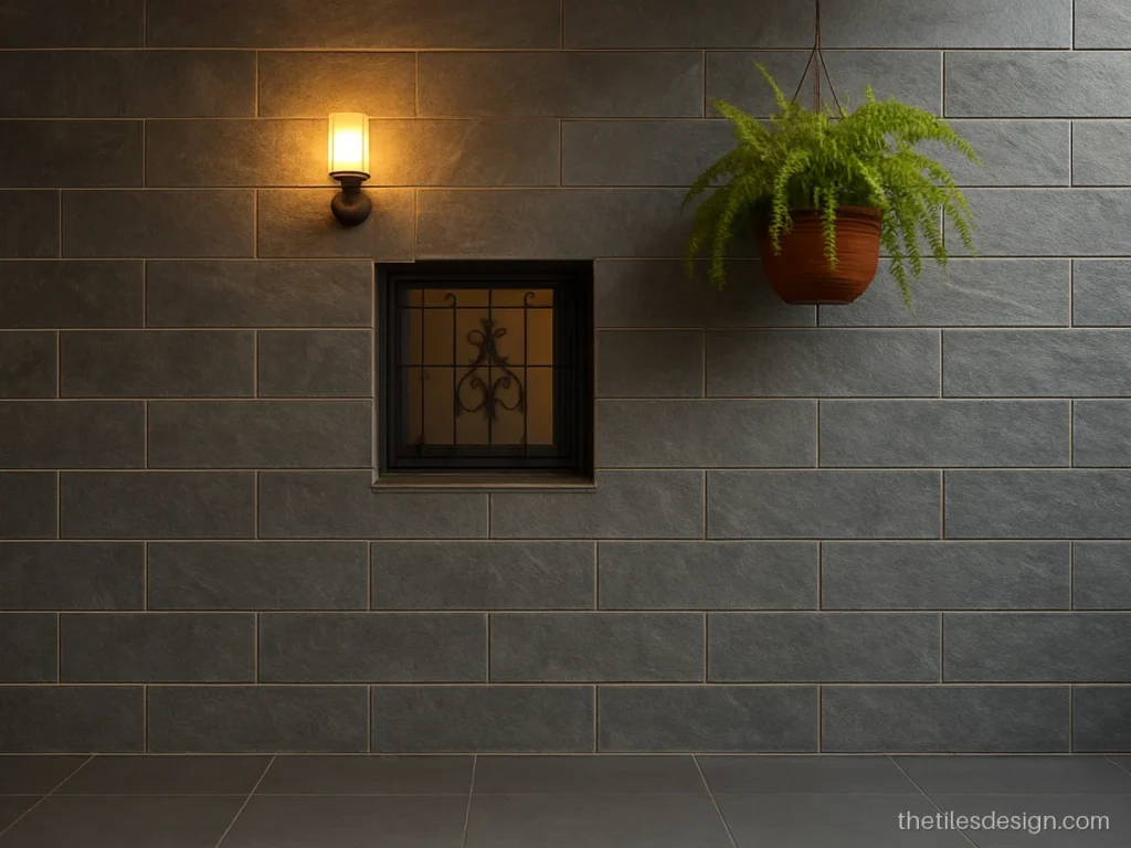 Porch wall tiles design with grey slate look cladding behind a car porch
