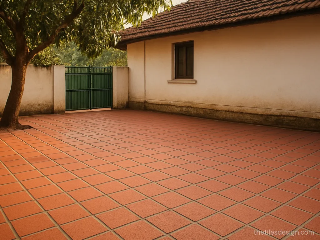 Red cement parking tiles in a terracotta colour for a house parking area