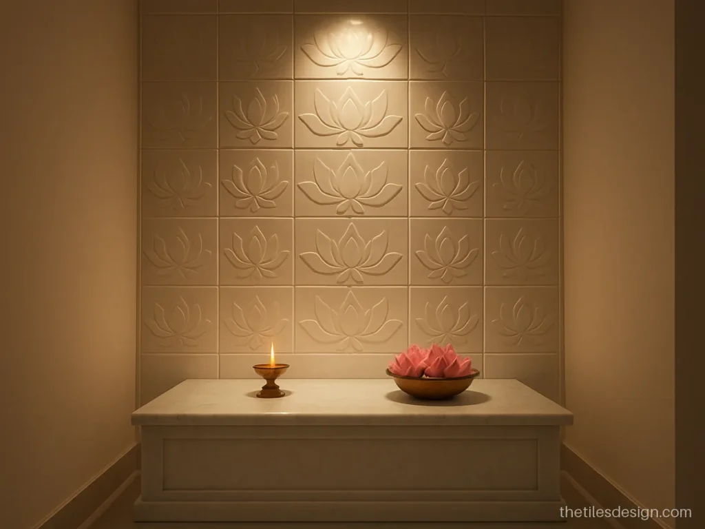 3D tiles for pooja room with white lotus relief pattern on the back wall