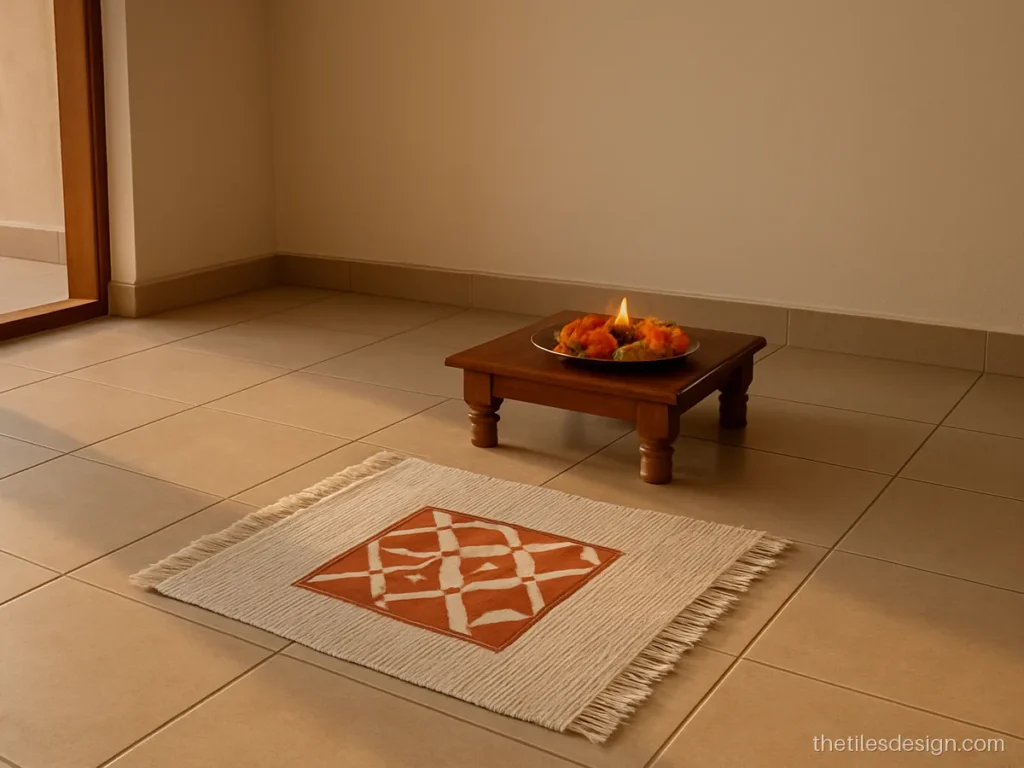 Pooja room floor tiles design in beige matt with a patterned centre inlay tile