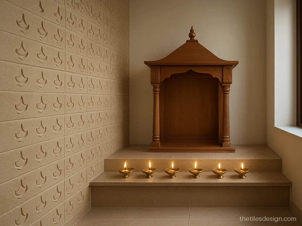 Carved jaali 3D tiles with diya shapes for a pooja room side wall