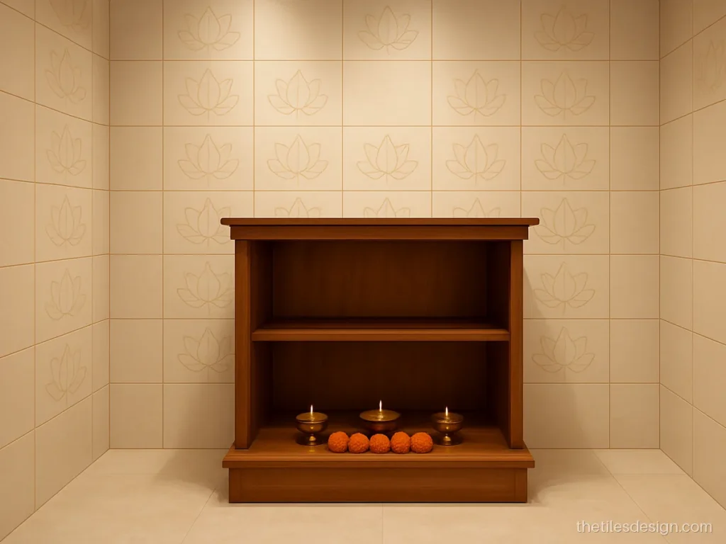 Pooja room wall tiles design with cream tiles and a gold lotus pattern