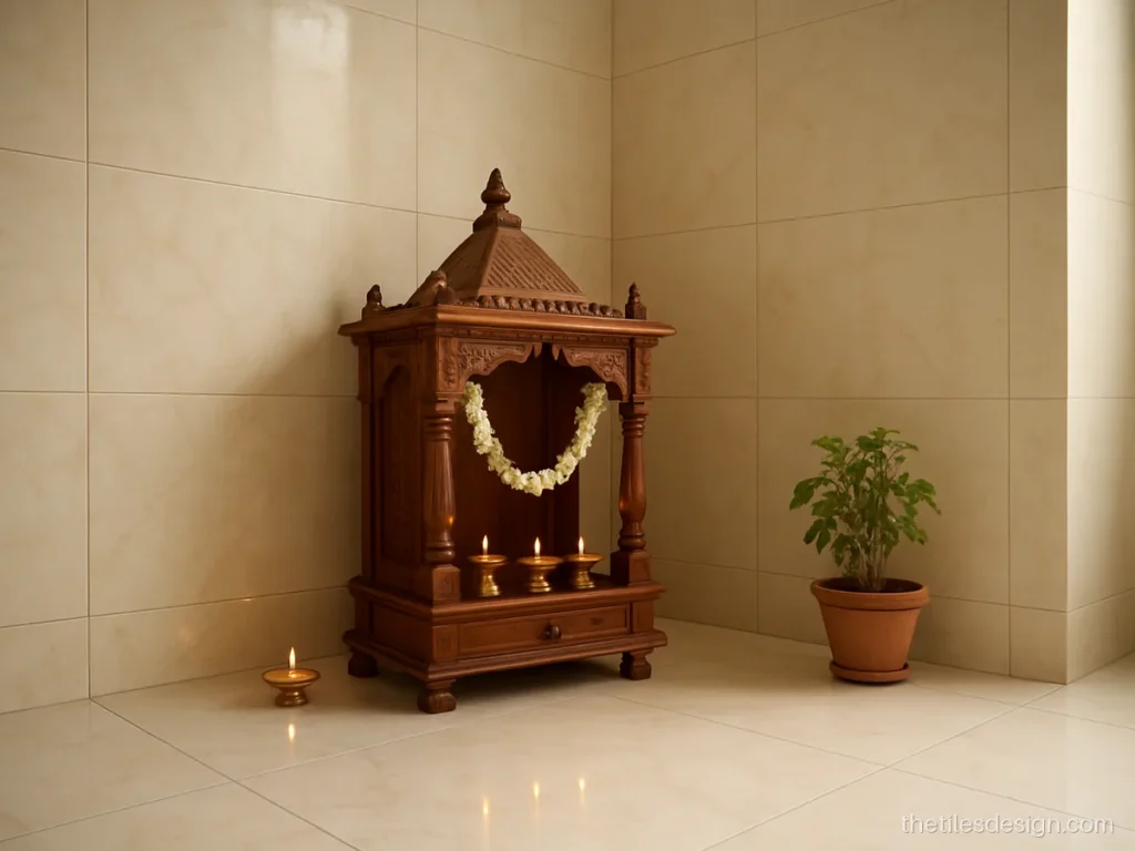 Marble look pooja corner with cream tiles on two walls and the floor