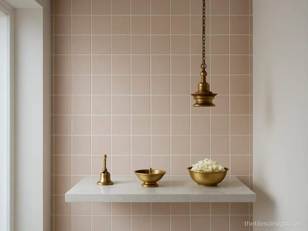 Modern pooja room tiles design with pale pink tiles and a floating marble shelf
