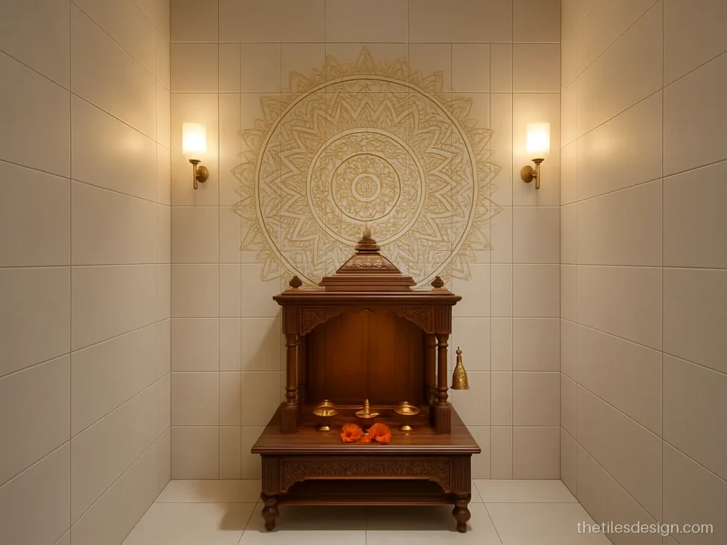 Temple wall tiles design with 3D gold and cream mandala pattern tiles