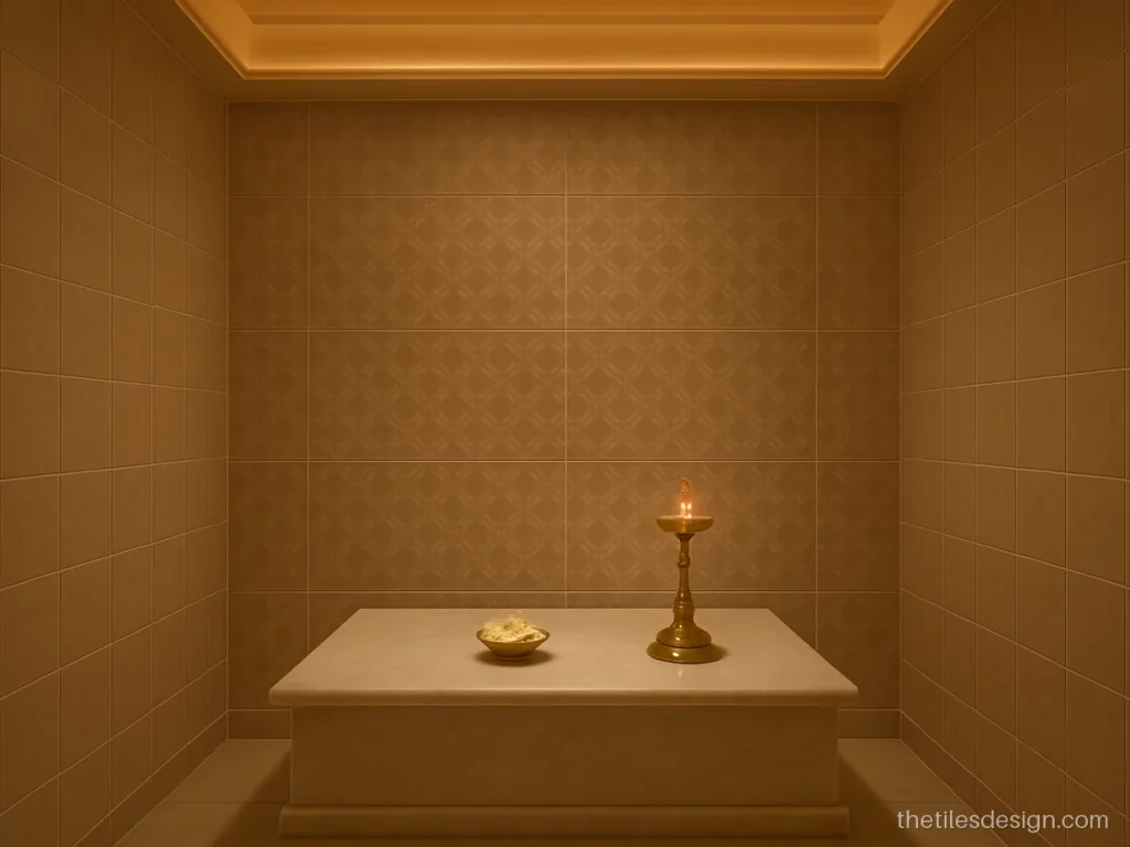 Mandir wall tiles with ivory jaali pattern tiles and warm cove lighting