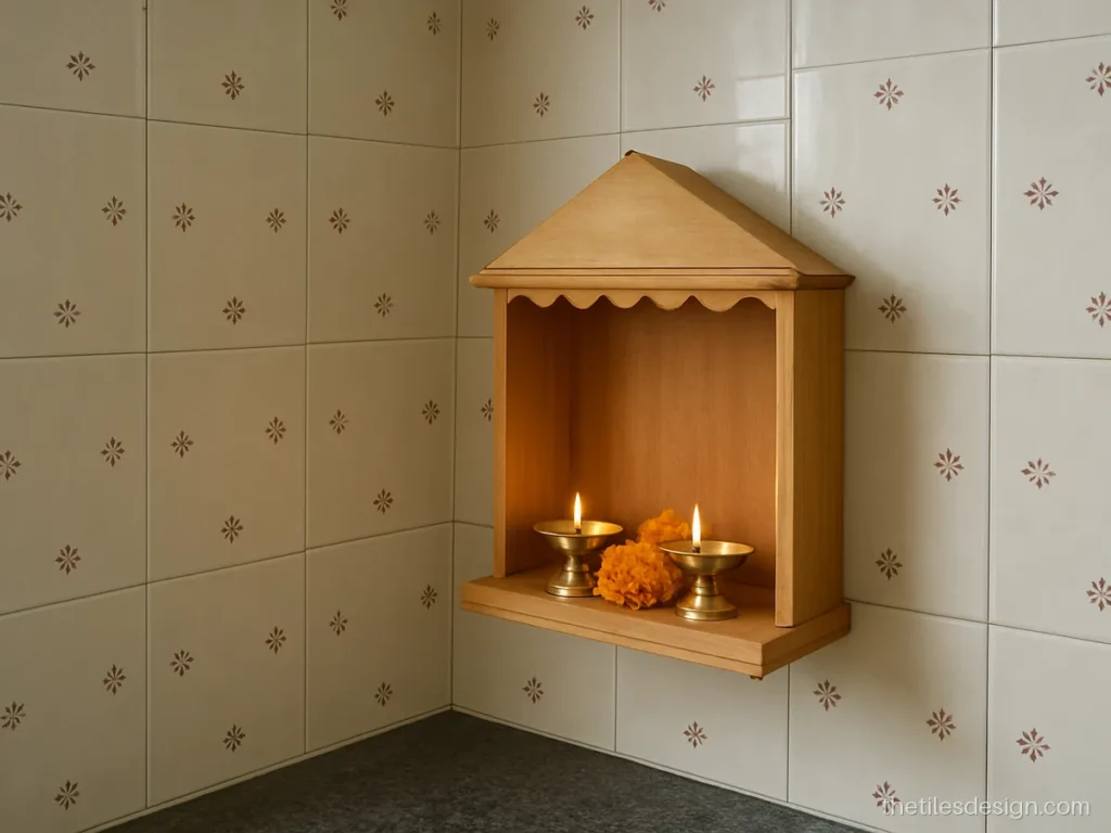 Mandir tiles in a kitchen corner with ivory pattern tiles and a wooden shelf