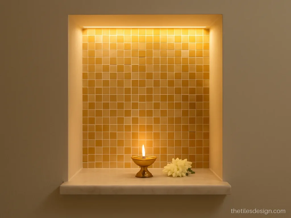 Small pooja niche in the wall lined with gold and cream mosaic tiles