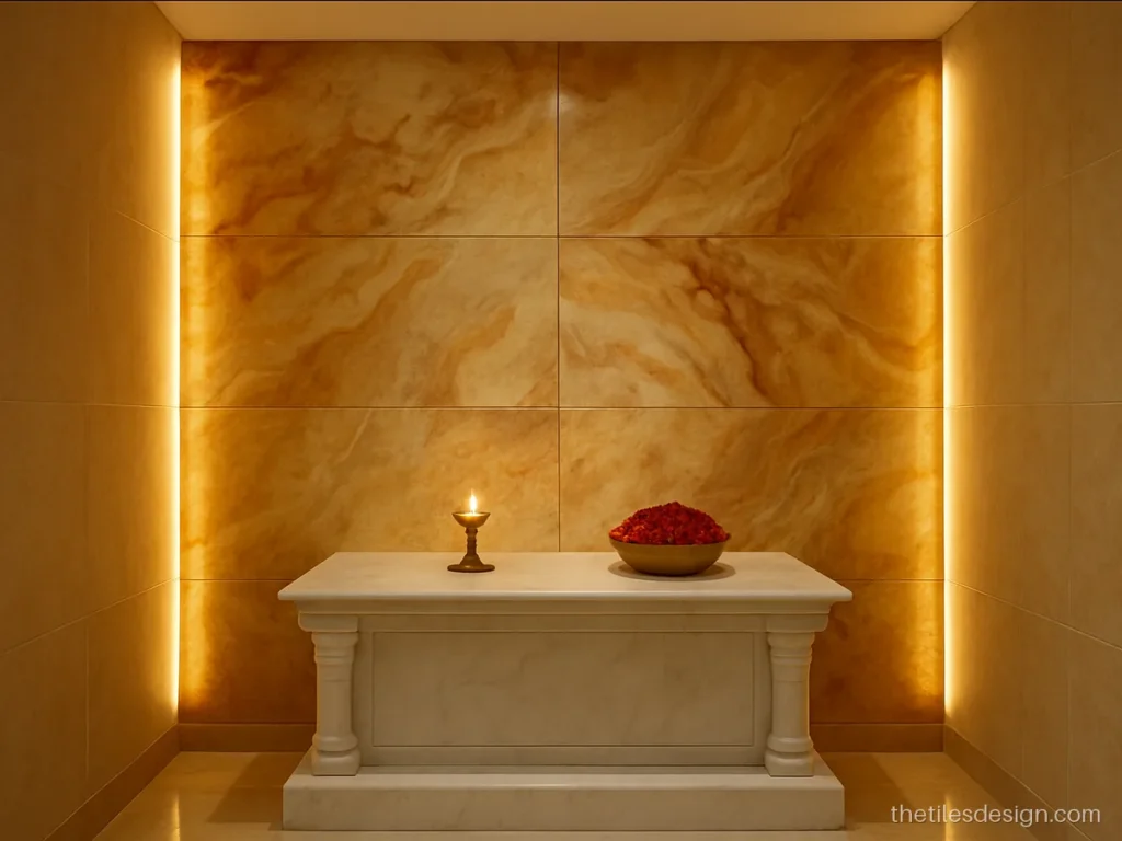 Temple tiles design with honey onyx look tiles and a warm glow behind the mandir