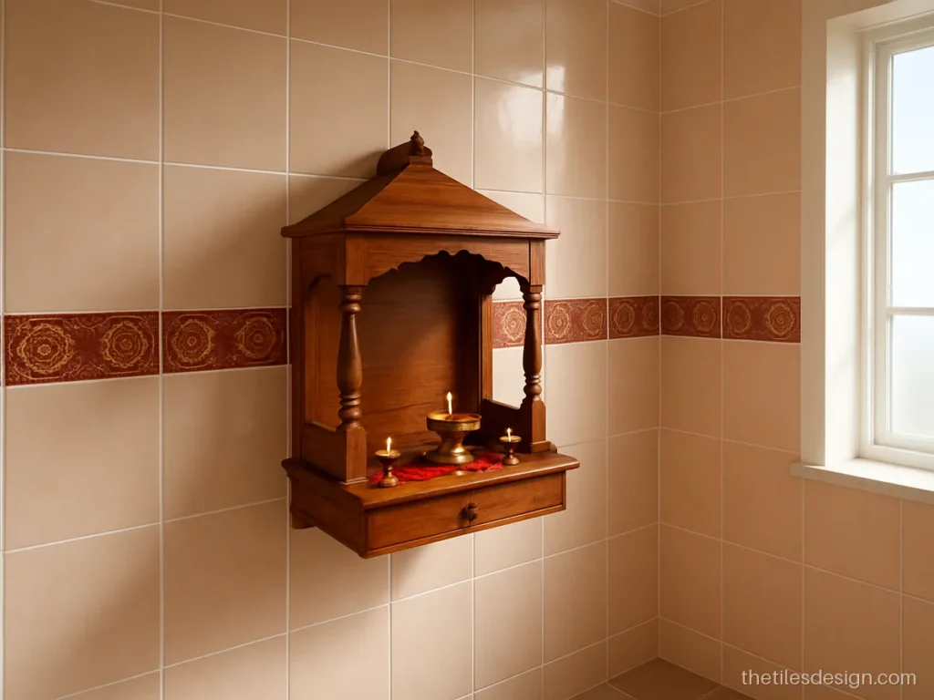 Puja room tiles on the wall in pale peach with a mandala pattern border