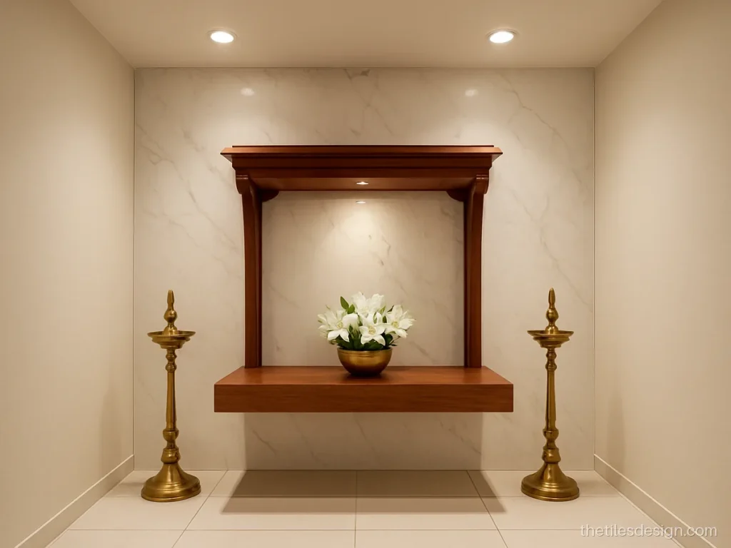 Pooja room tiles design with white statuario marble look slab on the back wall