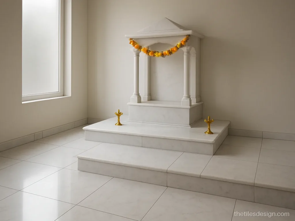 Mandir floor tiles design with white marble look tiles and two small steps