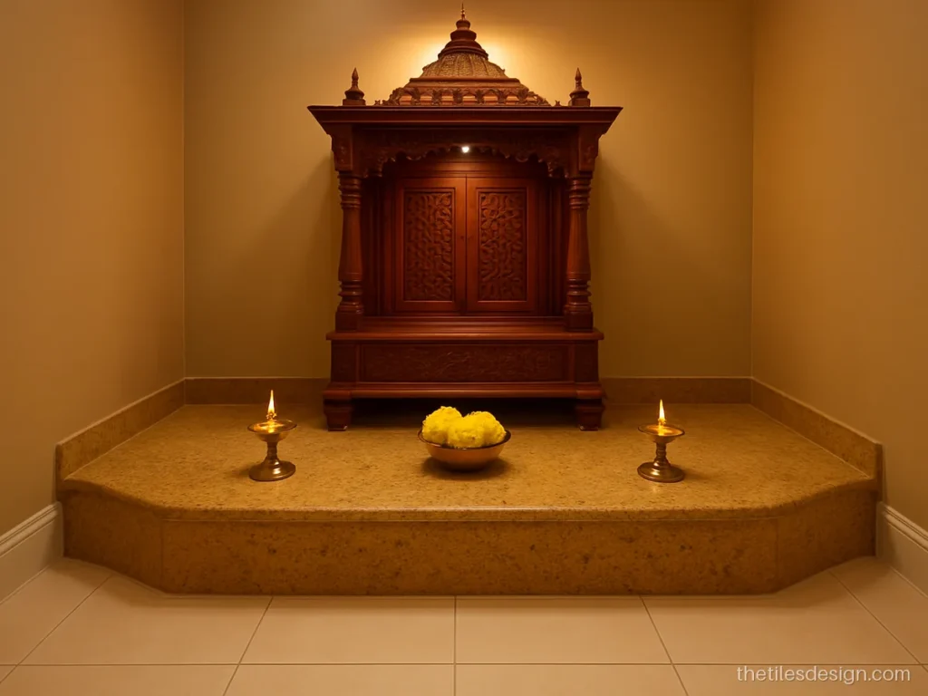 Mandir step tiles in yellow granite look with a polished rounded front edge