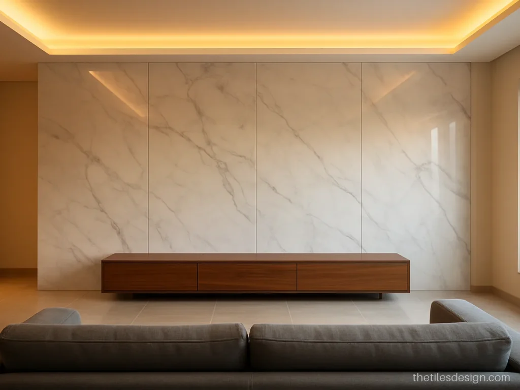 1200 x 1800 mm white marble look slab on a living room feature wall