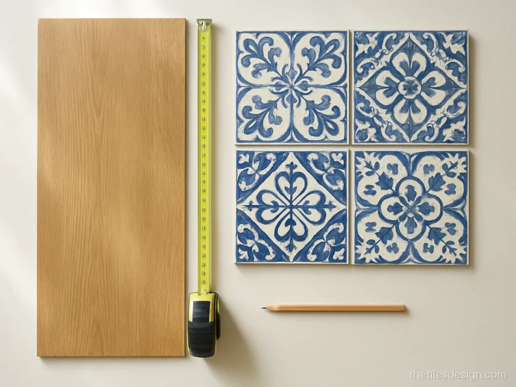 Flat lay of wood plank tile and patterned square tiles with a measuring tape