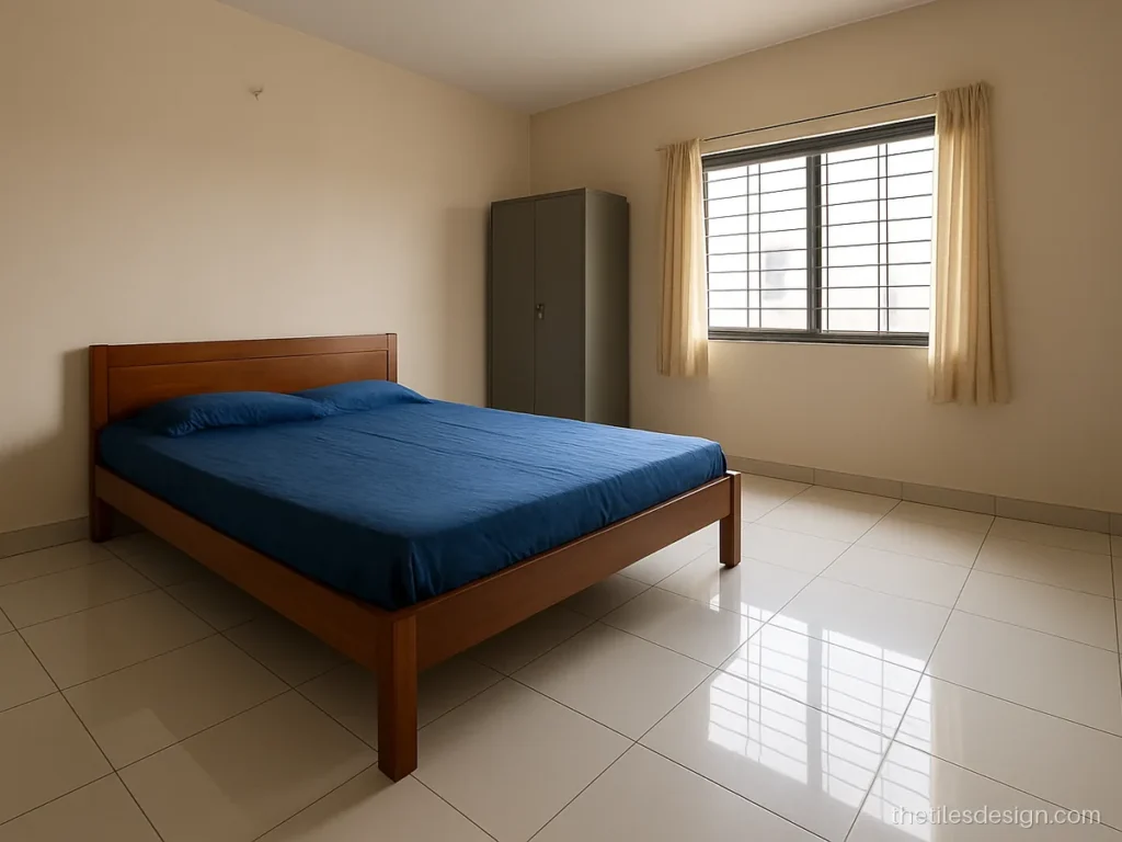 2x2 white tile floor in a medium bedroom with straight grid layout