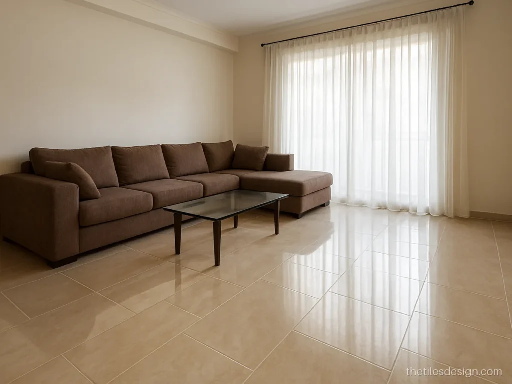2x4 tiles design in a living hall with beige marble look glossy finish